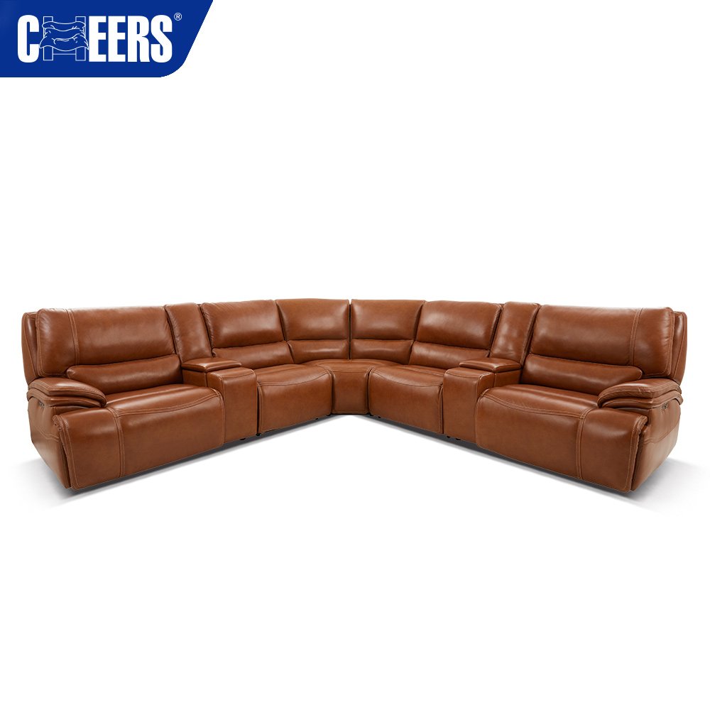 MANWAH CHEERS Real Leather Brown Power Recliner Sectional Sofa Set Furniture with Zero Gravity and Storage for Living Room