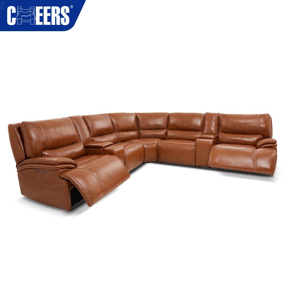 MANWAH CHEERS Real Leather Brown Power Recliner Sectional Sofa Set Furniture with Zero Gravity and Storage for Living Room