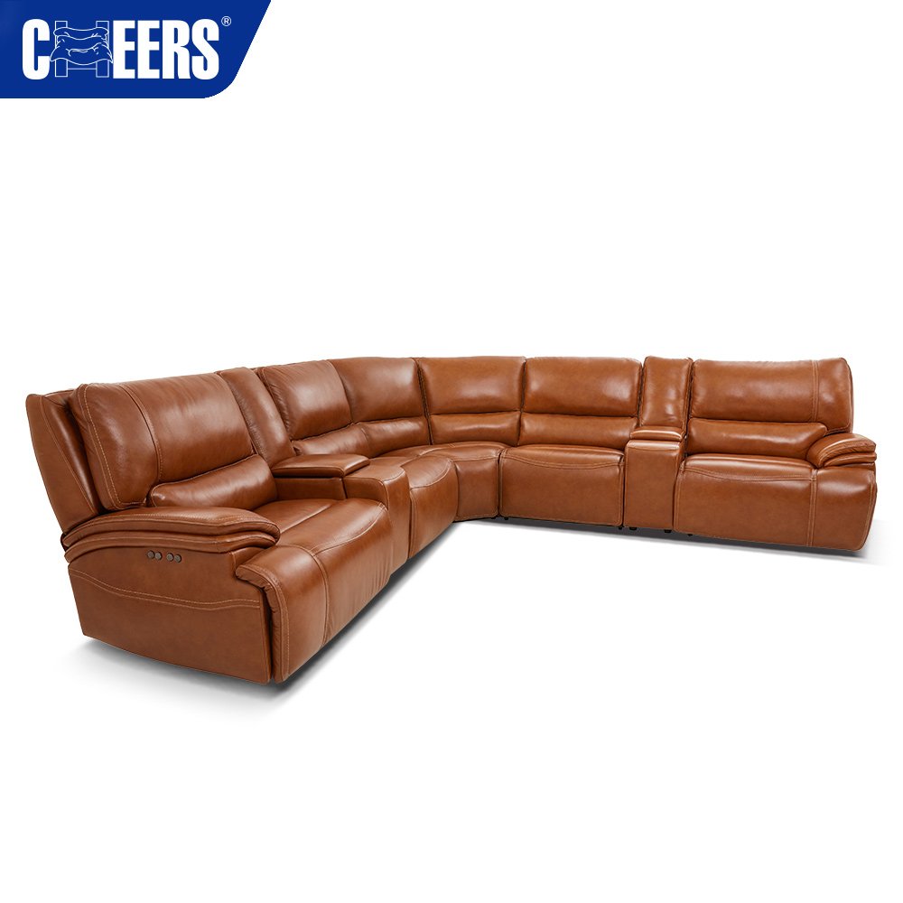 MANWAH CHEERS Real Leather Brown Power Recliner Sectional Sofa Set Furniture with Zero Gravity and Storage for Living Room