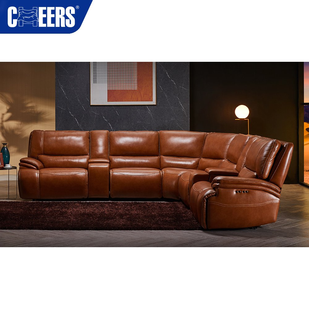 MANWAH CHEERS Real Leather Brown Power Recliner Sectional Sofa Set Furniture with Zero Gravity and Storage for Living Room