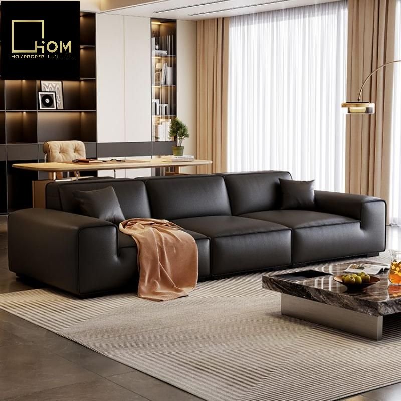 Italian minimalist small sofa large black cow black straight leather sofa living room eco leather sofa set