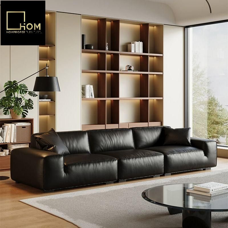 Italian minimalist small sofa large black cow black straight leather sofa living room eco leather sofa set