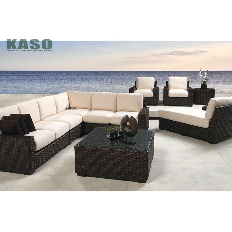 Customized Modern 4 Pcs L Shape Corner Hotel Lobby Furniture Wood Garden Pe Patio Aluminium Outdoor Furniture Set Rattan Sofa