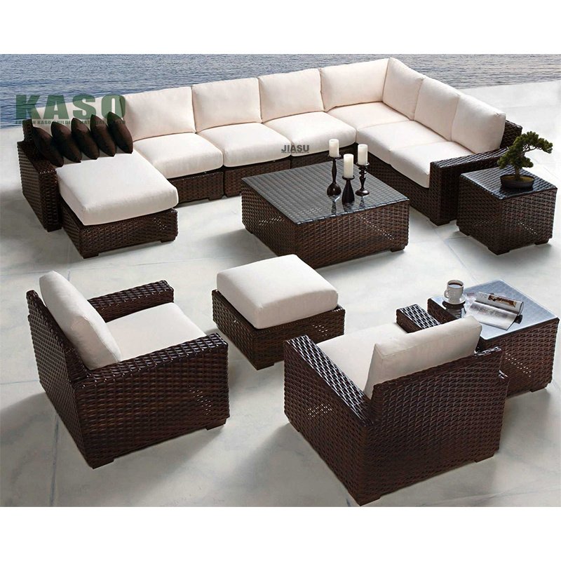 Customized Modern 4 Pcs L Shape Corner Hotel Lobby Furniture Wood Garden Pe Patio Aluminium Outdoor Furniture Set Rattan Sofa