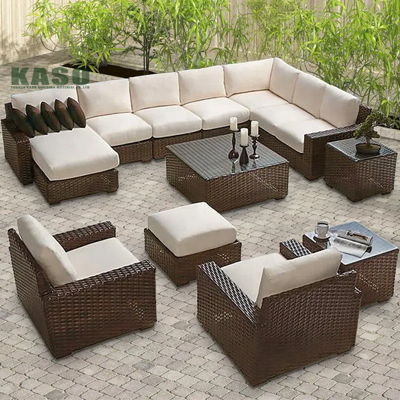 Customized Modern 4 Pcs L Shape Corner Hotel Lobby Furniture Wood Garden Pe Patio Aluminium Outdoor Furniture Set Rattan Sofa