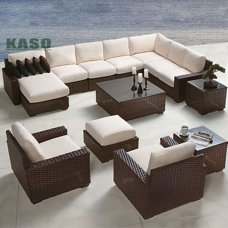 Customized Modern 4 Pcs L Shape Corner Hotel Lobby Furniture Wood Garden Pe Patio Aluminium Outdoor Furniture Set Rattan Sofa