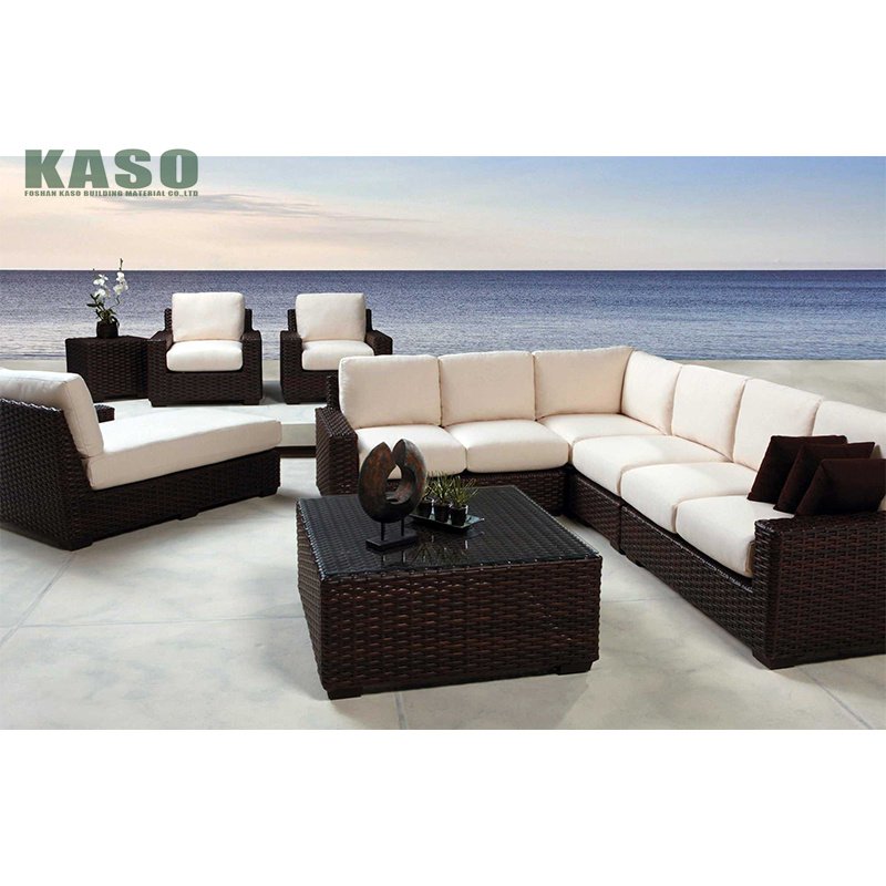 Customized Modern 4 Pcs L Shape Corner Hotel Lobby Furniture Wood Garden Pe Patio Aluminium Outdoor Furniture Set Rattan Sofa