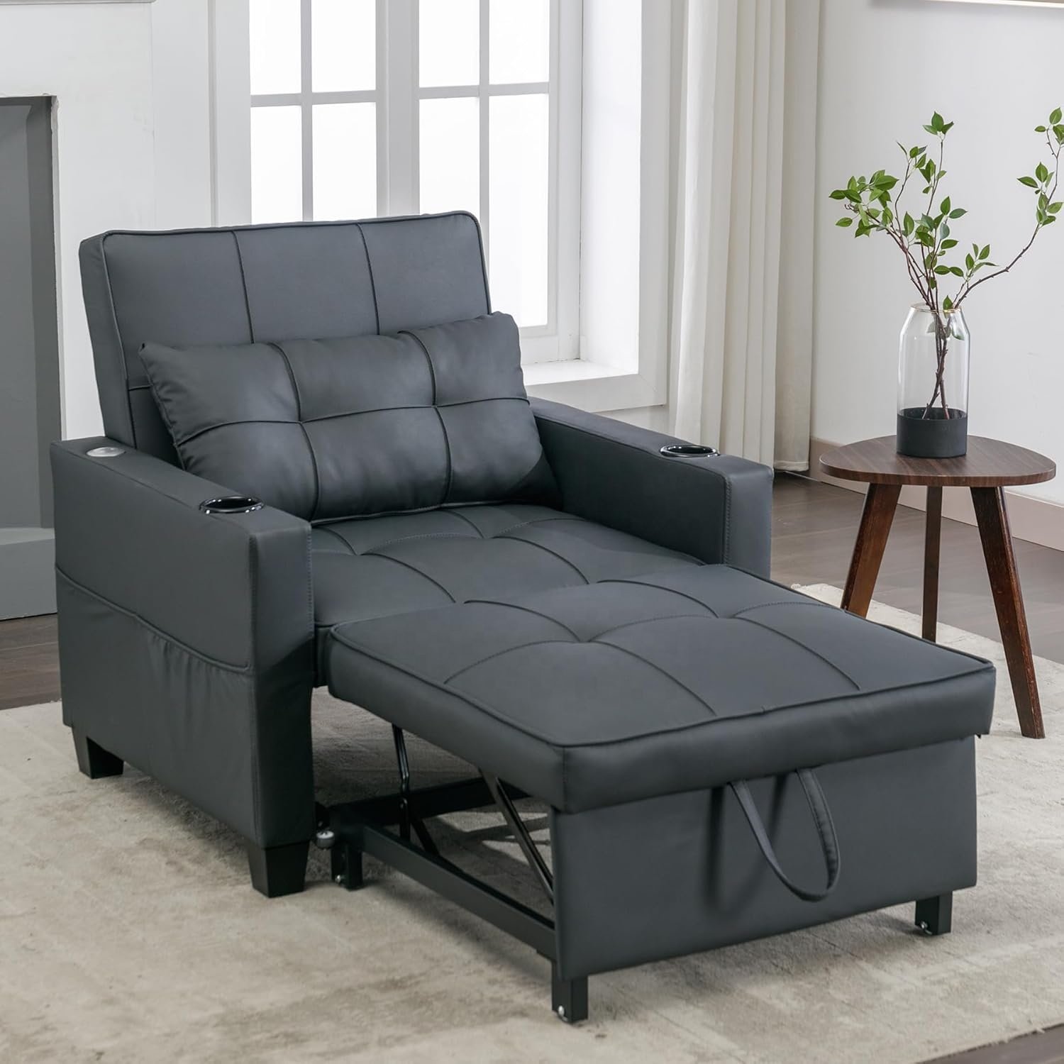 JL Free Delivery MOQ 1 Living Room Comfort Sofa Bed White Leather Pull Out Sleeper Chair with USB Ports