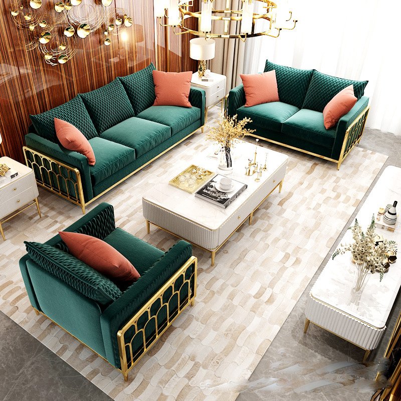 Auxford modern Gold Stainless Steel Luxury sofa set furniture living room Purple blue green Velvet Fabric Sofas