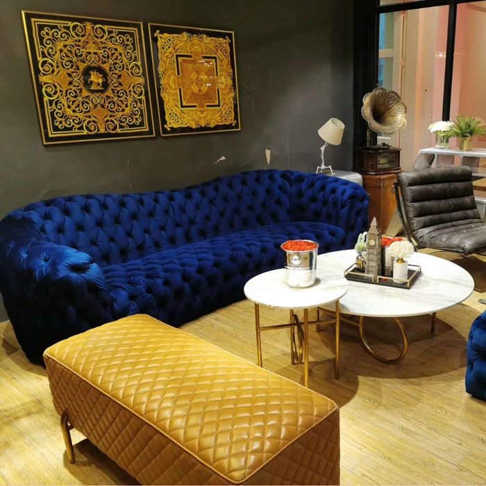 modern hotel lobby sofa blue velvet fabric full buttons tufted comfortable velvet chesterfield sofa hot sale 3 seat canape