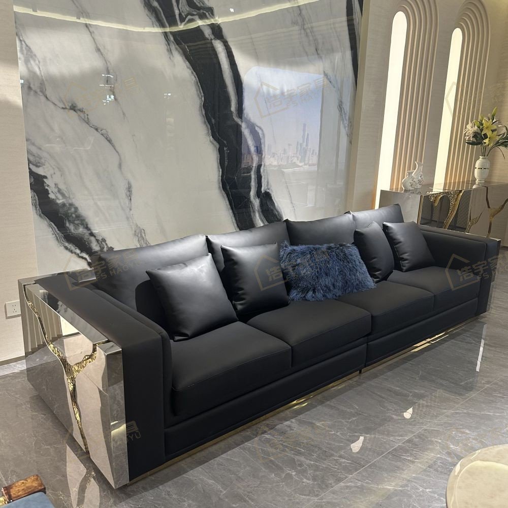 FSHAOYU italian design luxury stainless steel sofa set livingroom 7 seater european modern antique genuine leather sofa couch