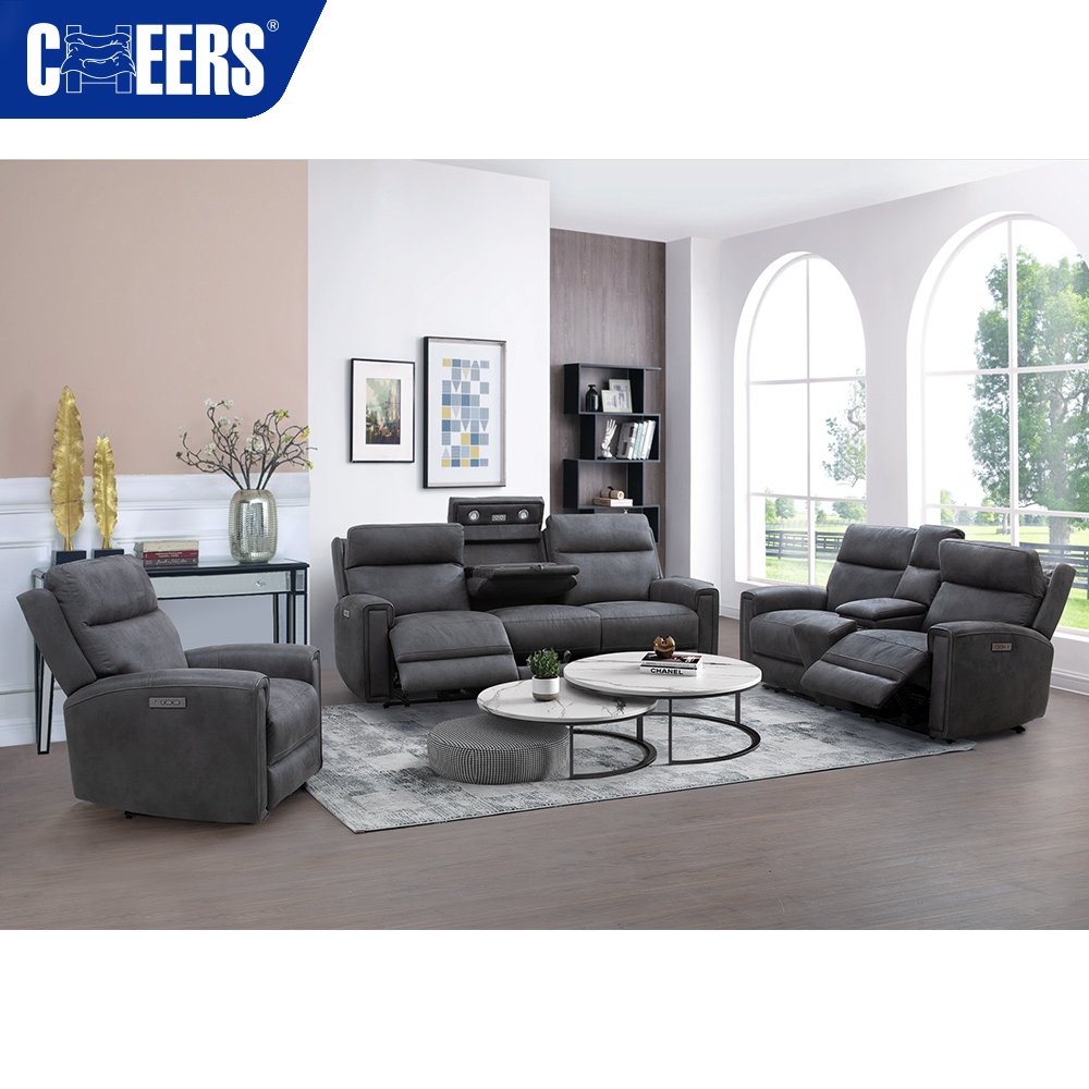 MANWAH CHEERS Hot selling Luxury Electric 3 2 1 Seat Fabric Recliner Chair Sofa With Foldable Table Storage Holder Led Light