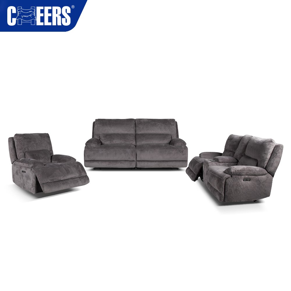 MANWAH CHEERS 3 2 1 Luxury Fabric Gray Power Headrest Reclining Sofa Set Furniture with USB Port and Storage Box for Living Room