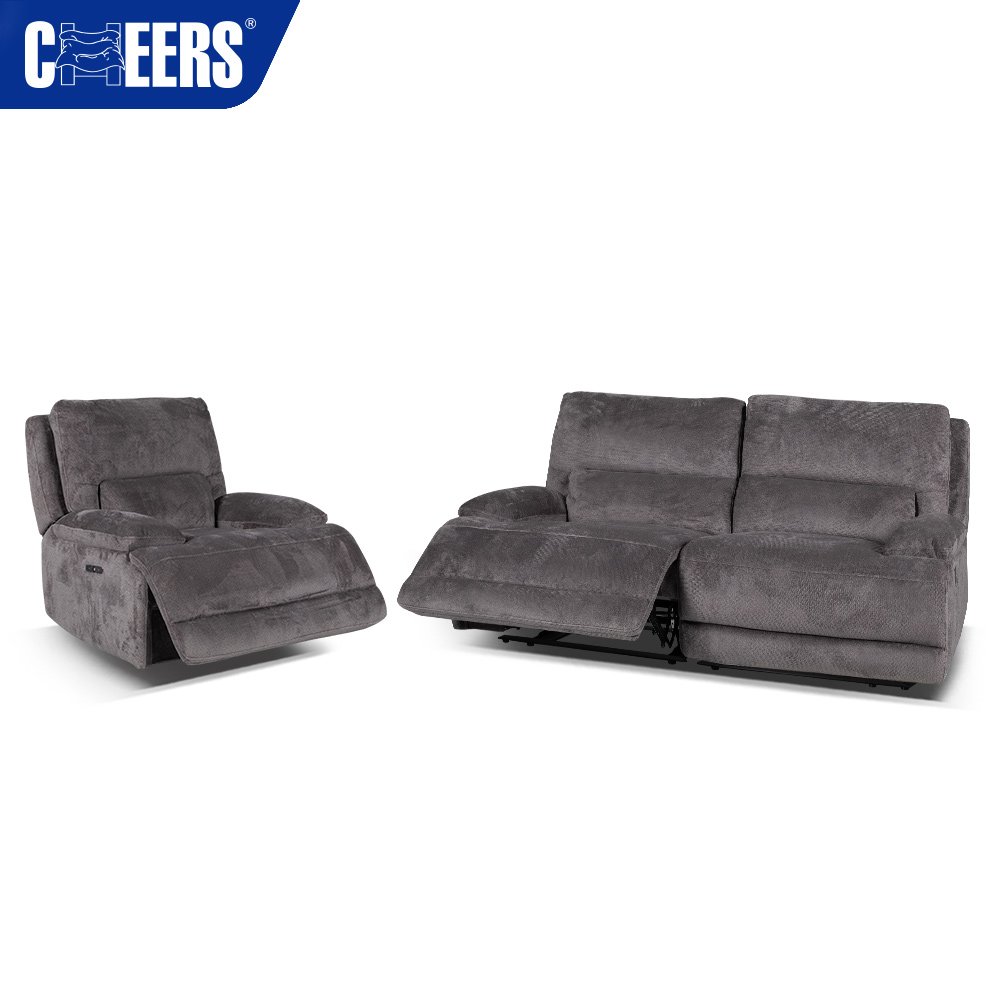 MANWAH CHEERS 3 2 1 Luxury Fabric Gray Power Headrest Reclining Sofa Set Furniture with USB Port and Storage Box for Living Room