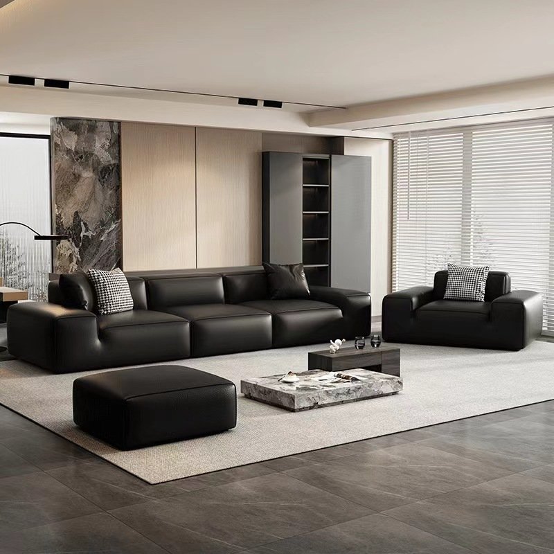Modern Simple Large Black Cowhide Leather Sofa Living Room New Straight Leather Sofa