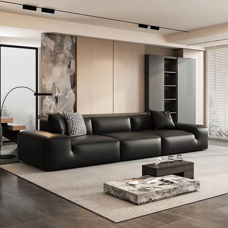 Modern Simple Large Black Cowhide Leather Sofa Living Room New Straight Leather Sofa
