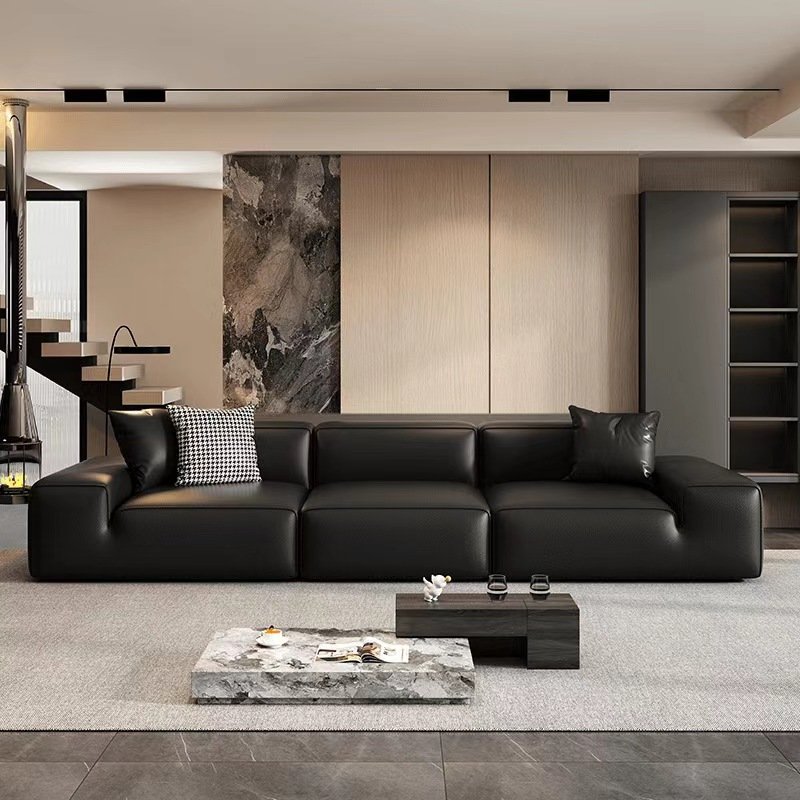 Modern Simple Large Black Cowhide Leather Sofa Living Room New Straight Leather Sofa