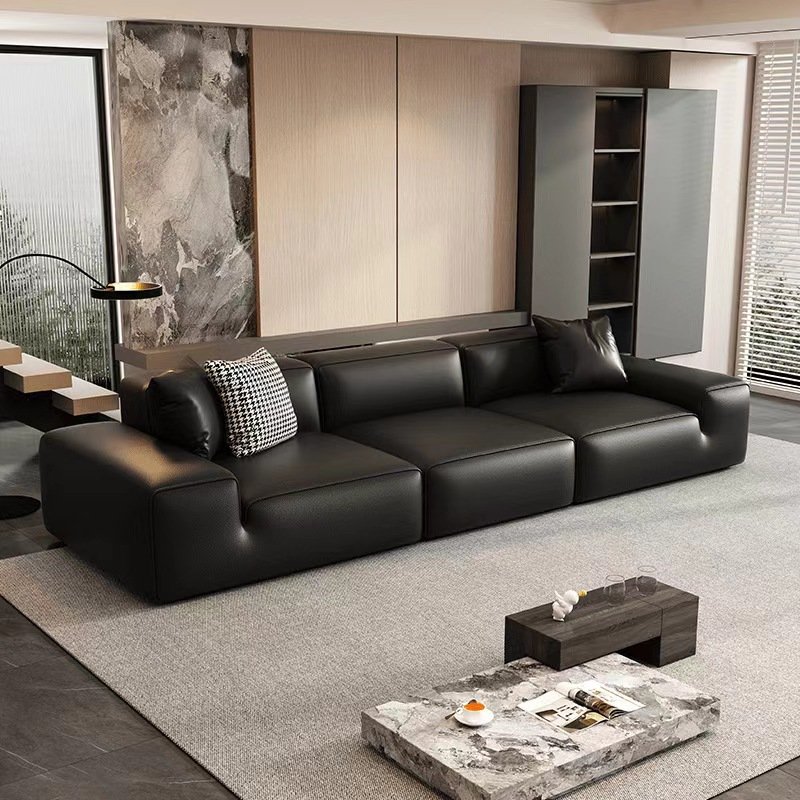 Modern Simple Large Black Cowhide Leather Sofa Living Room New Straight Leather Sofa