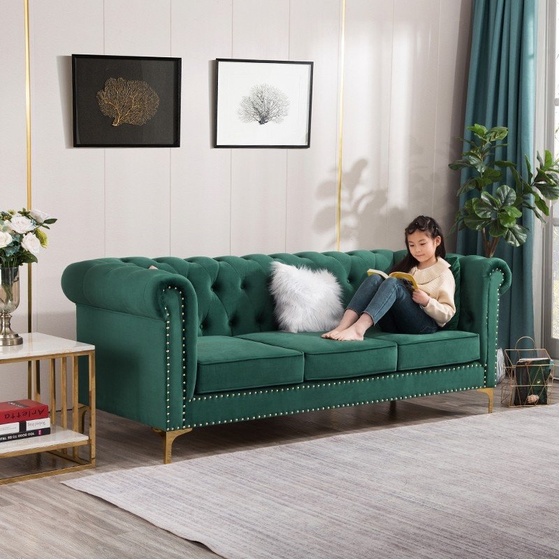 American Retro Luxury Cloth Modern Small Apartment Living Room Three People Dark Green Simple Velvet Sofa