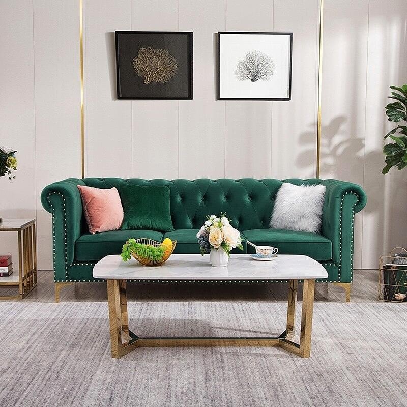 American Retro Luxury Cloth Modern Small Apartment Living Room Three People Dark Green Simple Velvet Sofa