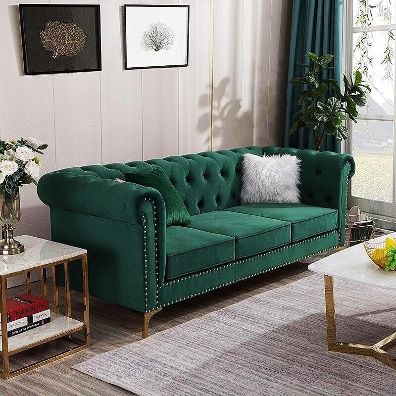American Retro Luxury Cloth Modern Small Apartment Living Room Three People Dark Green Simple Velvet Sofa