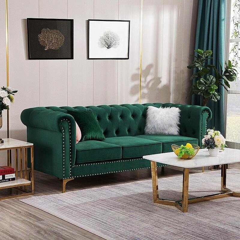 American Retro Luxury Cloth Modern Small Apartment Living Room Three People Dark Green Simple Velvet Sofa