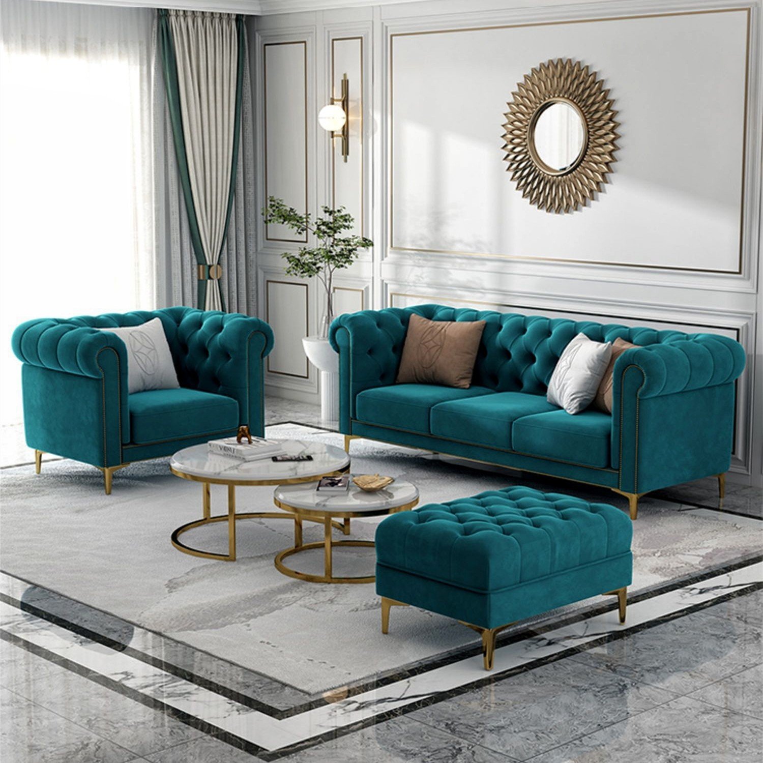 American Retro Luxury Cloth Modern Small Apartment Living Room Three People Dark Green Simple Velvet Sofa