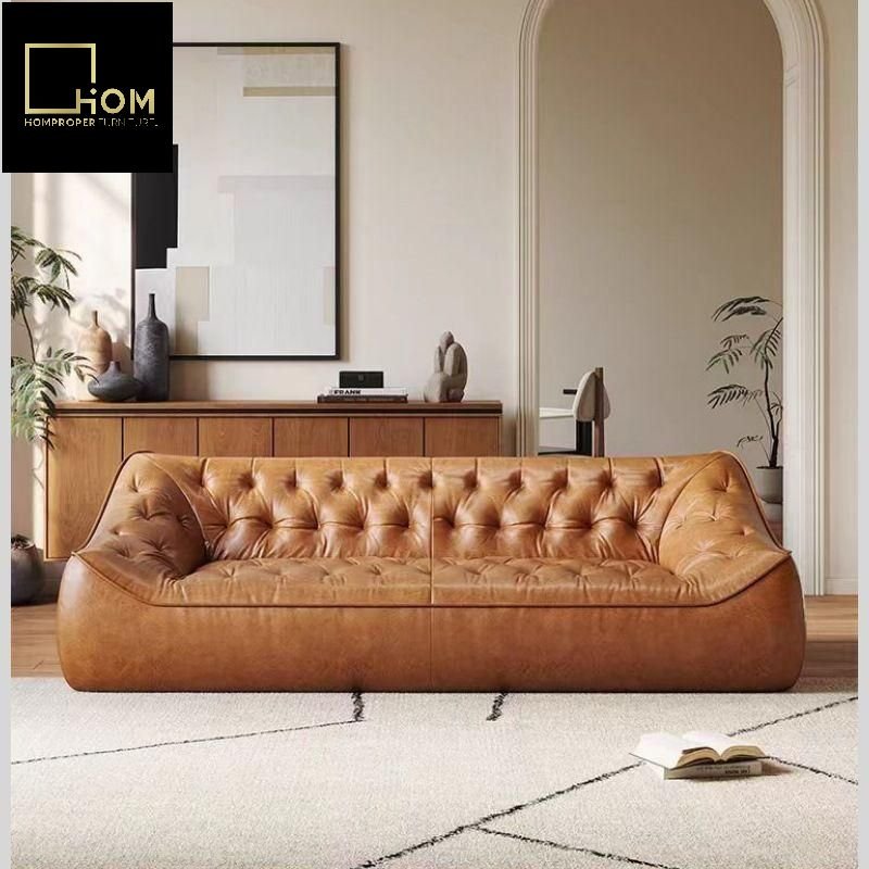 Vintage oil wax cowhide leather sofa antique style simple living room furniture net red designer fabric sofa