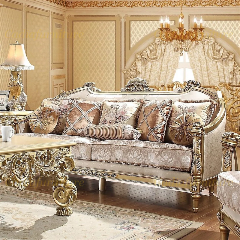 European Traditional design solid wood hand carved living room sofa sets royal Antique gold color sofa set