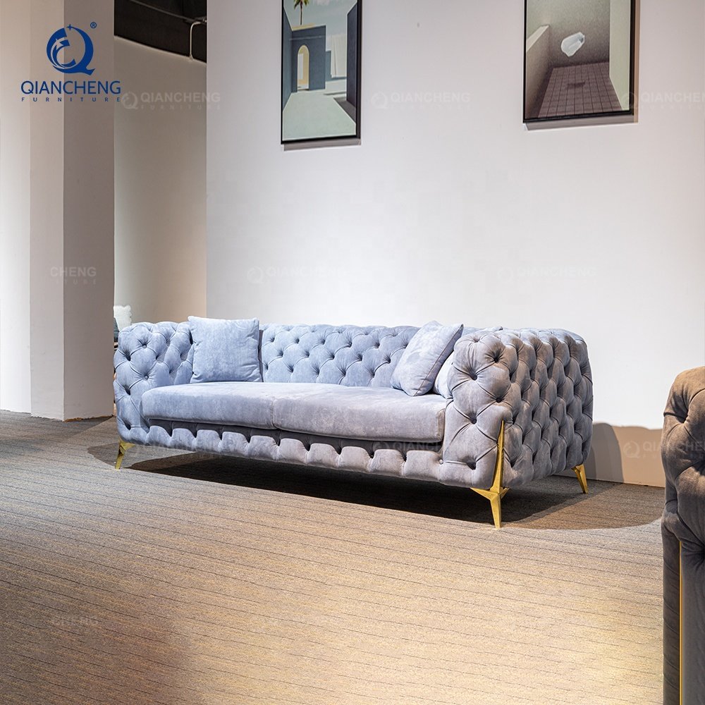 QIANCHENG cheap living room sofas de sala fabric upholstery chesterfield velvet sofa set furniture luxury living room
