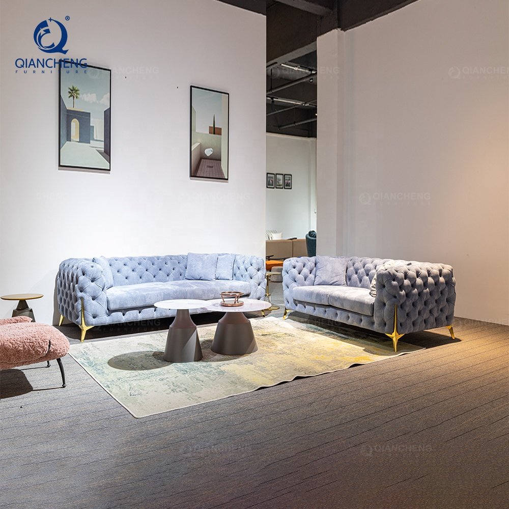 QIANCHENG cheap living room sofas de sala fabric upholstery chesterfield velvet sofa set furniture luxury living room