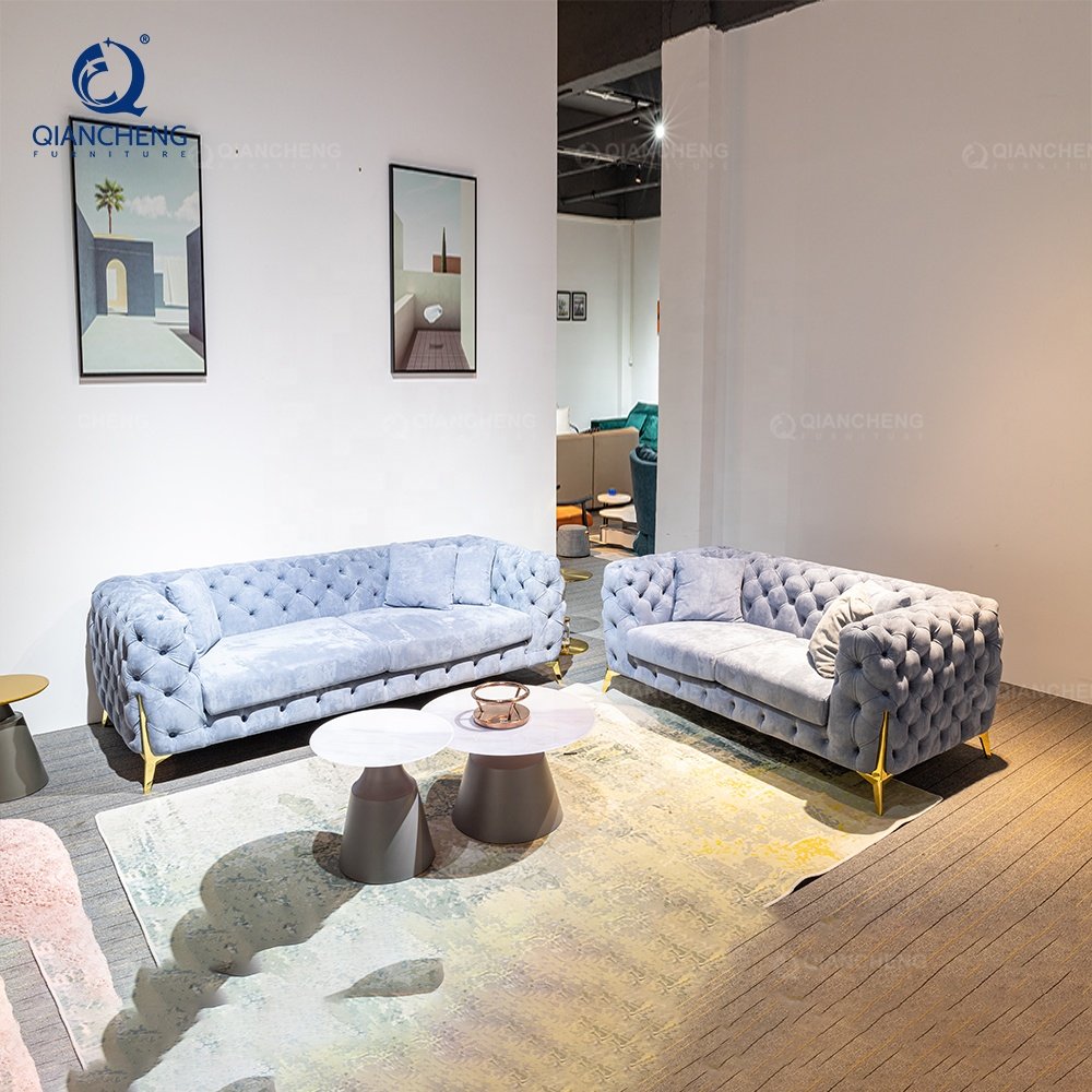 QIANCHENG cheap living room sofas de sala fabric upholstery chesterfield velvet sofa set furniture luxury living room