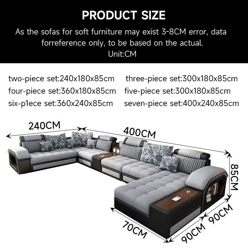 Luxury U Shape Sofa Set Fabric Corner Sofa with USB Speaker Modern Design Multifunctional Living Room Furniture 7 Seater Sofa