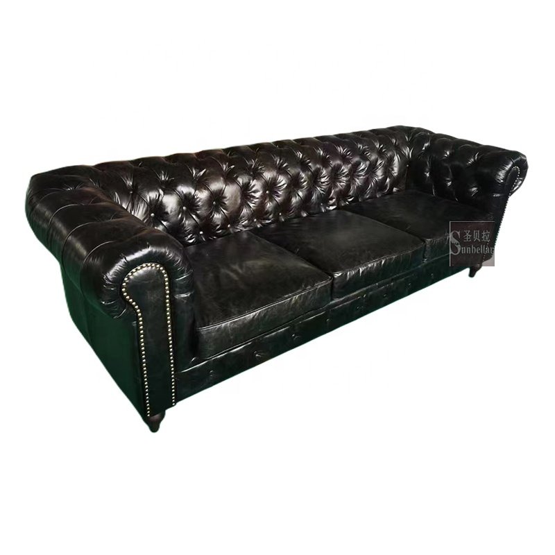 American hotel lobby furniture vintage black tufted sofa genuine leather sofa couch luxury living room chesterfield sofa 3 seat