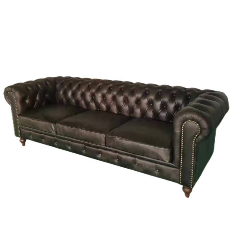 American hotel lobby furniture vintage black tufted sofa genuine leather sofa couch luxury living room chesterfield sofa 3 seat