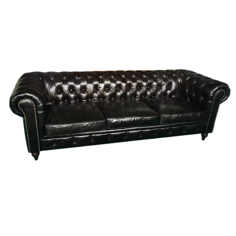 American hotel lobby furniture vintage black tufted sofa genuine leather sofa couch luxury living room chesterfield sofa 3 seat