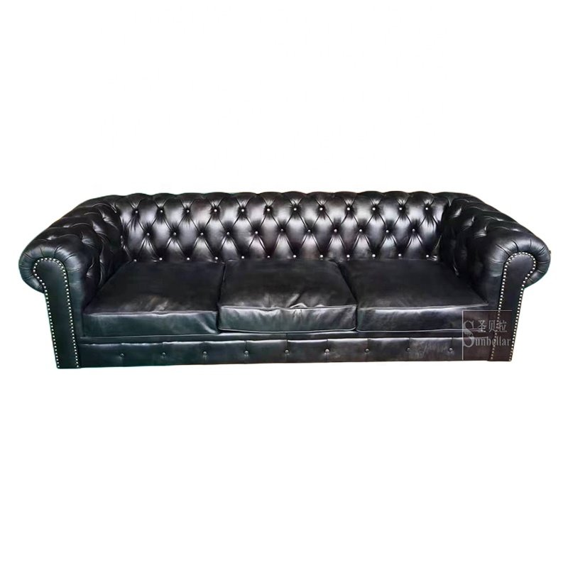 American hotel lobby furniture vintage black tufted sofa genuine leather sofa couch luxury living room chesterfield sofa 3 seat