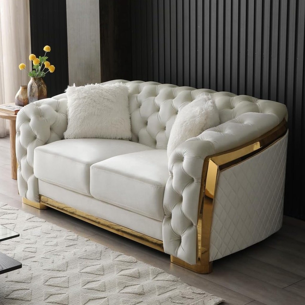 NOVA Light Luxury Living Room Tufted Couch Set Furniture Velvet Loveseat Ivory White 2 3 Seater Sofas Gold Frame Sofa