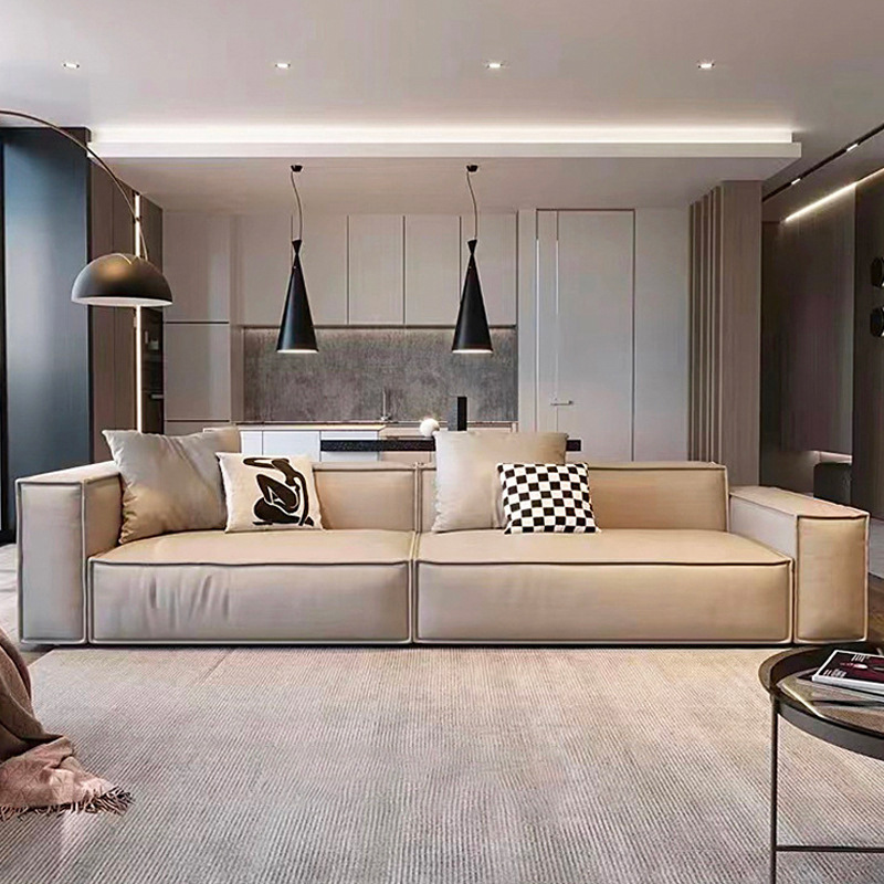 Italian style minimalist leather sofa three or four people straight row small apartment simple modern light luxury tofu block