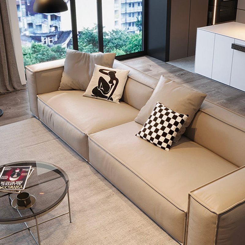 Italian style minimalist leather sofa three or four people straight row small apartment simple modern light luxury tofu block