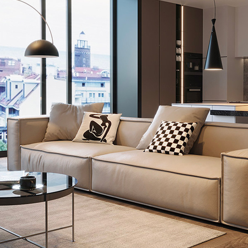 Italian style minimalist leather sofa three or four people straight row small apartment simple modern light luxury tofu block