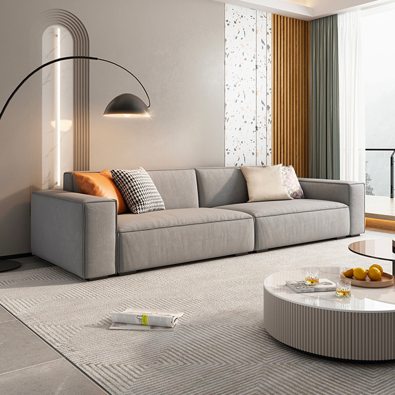 Italian style minimalist leather sofa three or four people straight row small apartment simple modern light luxury tofu block