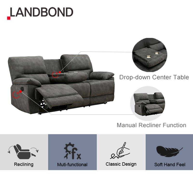 Casual Modern Style Grey 3 Seater Home Furniture Fabric Living Room Manual Reclining Sofa for apartment and hotel