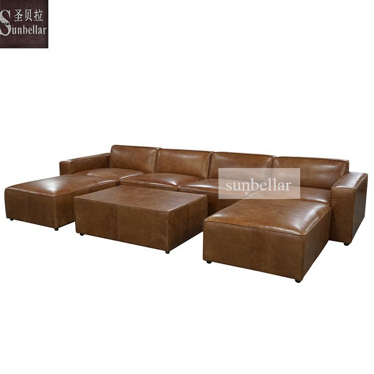 custom made sectional sofa couch vintage tan leather U shaped sectional couch villa house living room sofa set luxury home