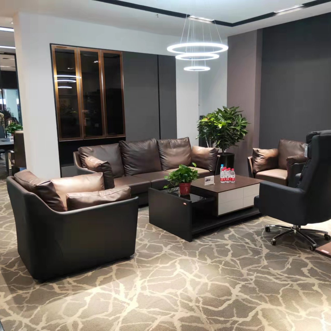 New Modern Luxury High End Coffee Color Boss PU Leather Office Executive Commercial Sofa