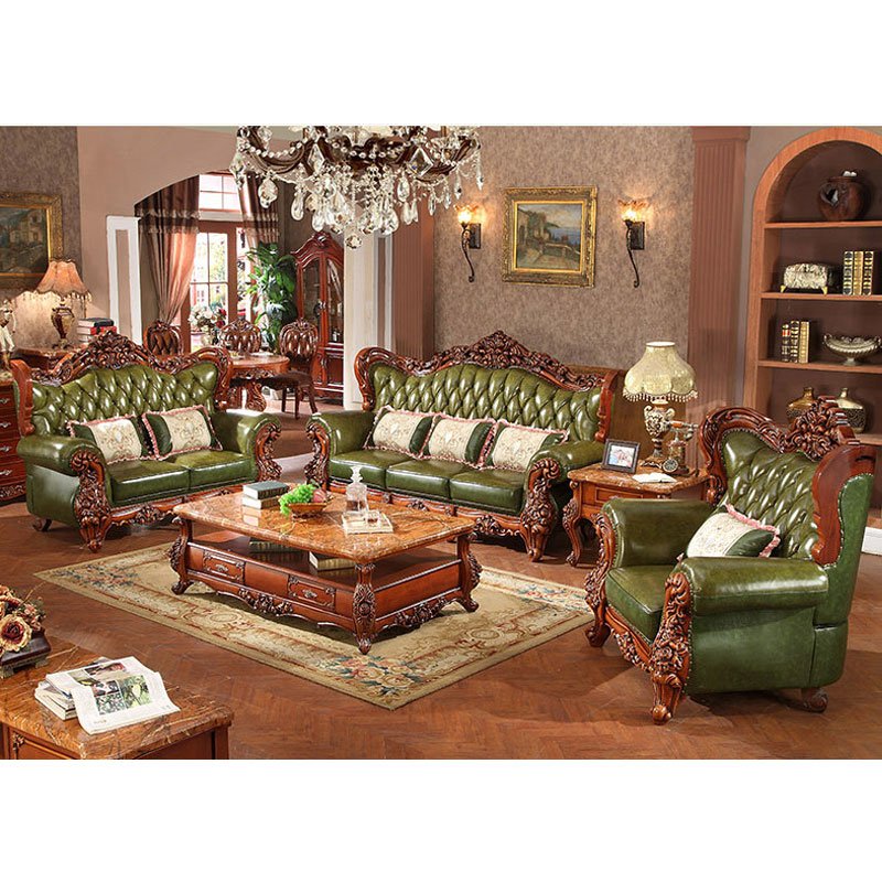 European living room Carved sofa Furniture New design luxury leather reclining sectional sofa set