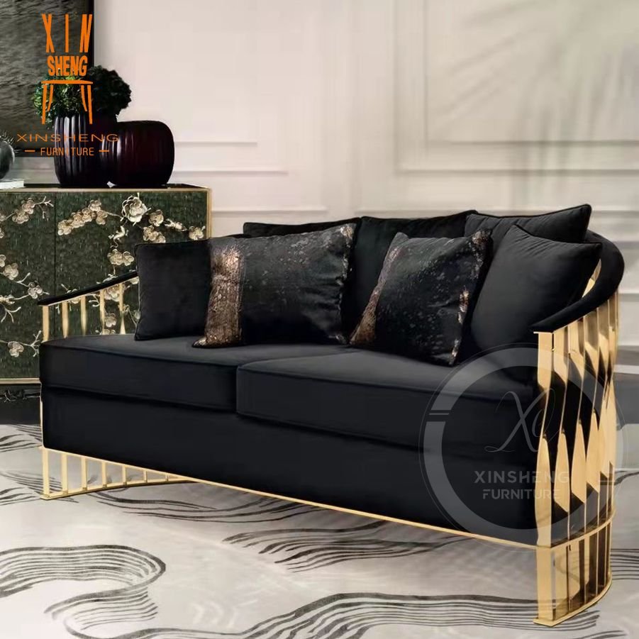Luxury Wedding furniture black velvet gold frame sofa