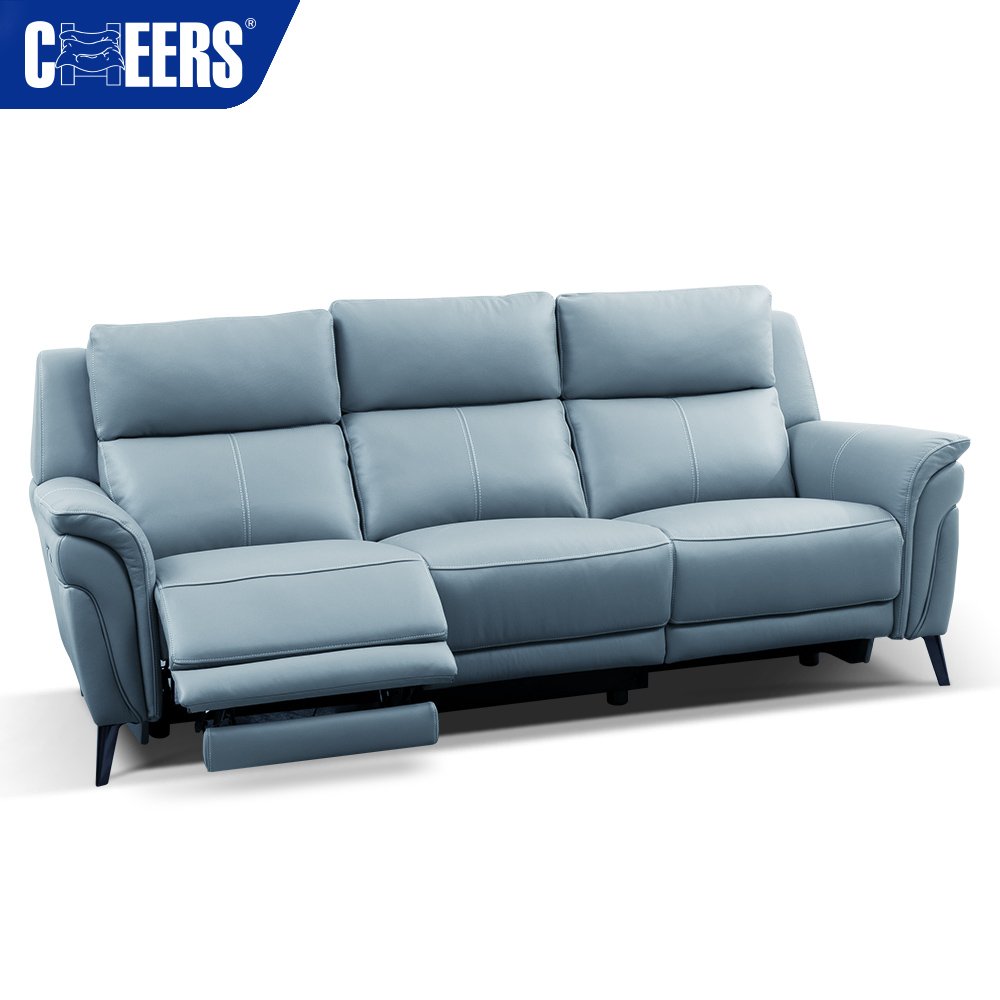 MANWAH CHEERS Latest Design Modern Blue Three Seats Real Leather Modular Durable Power Recliner Couch Sofa With Metal Legs