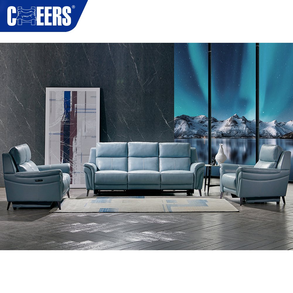 MANWAH CHEERS Latest Design Modern Blue Three Seats Real Leather Modular Durable Power Recliner Couch Sofa With Metal Legs