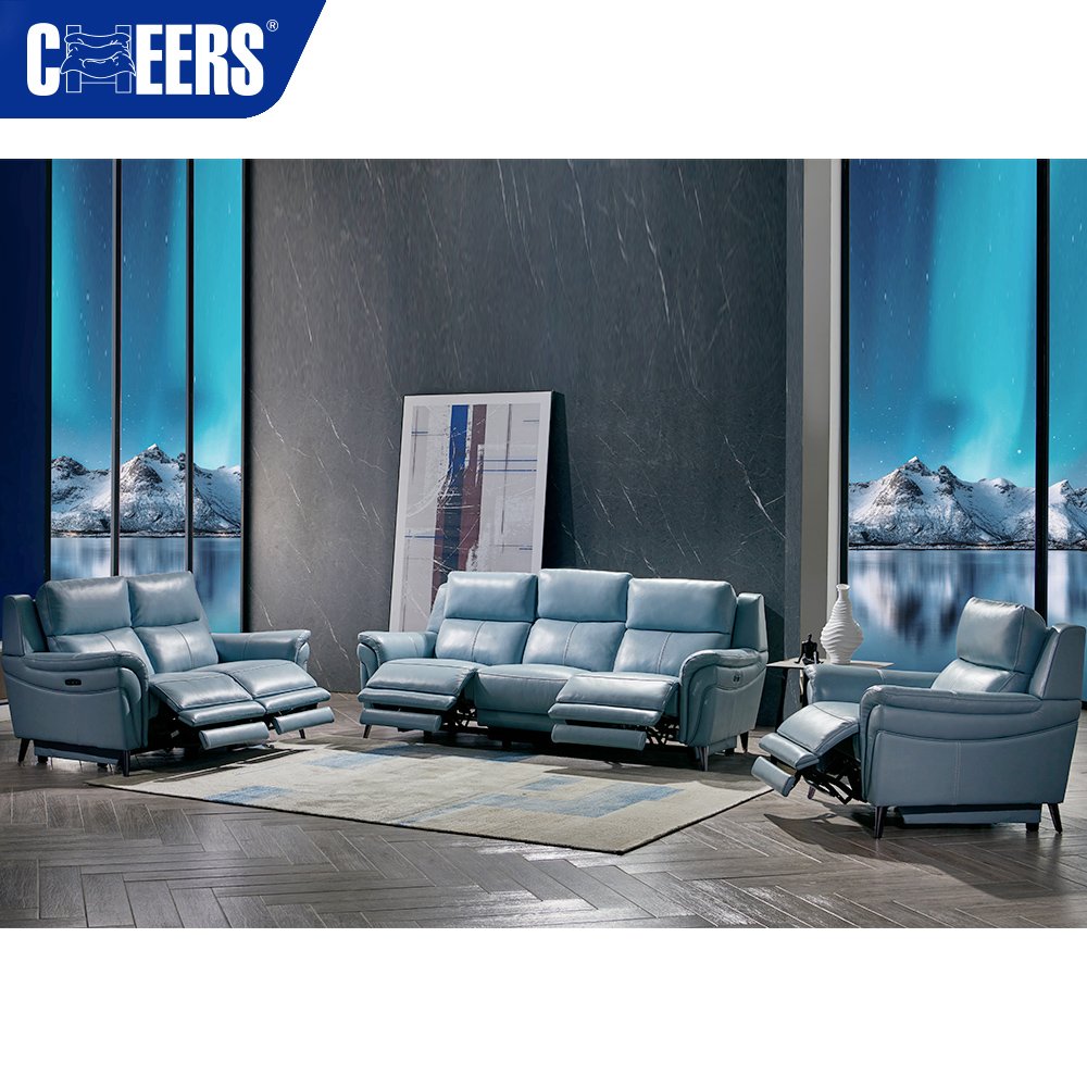 MANWAH CHEERS Latest Design Modern Blue Three Seats Real Leather Modular Durable Power Recliner Couch Sofa With Metal Legs